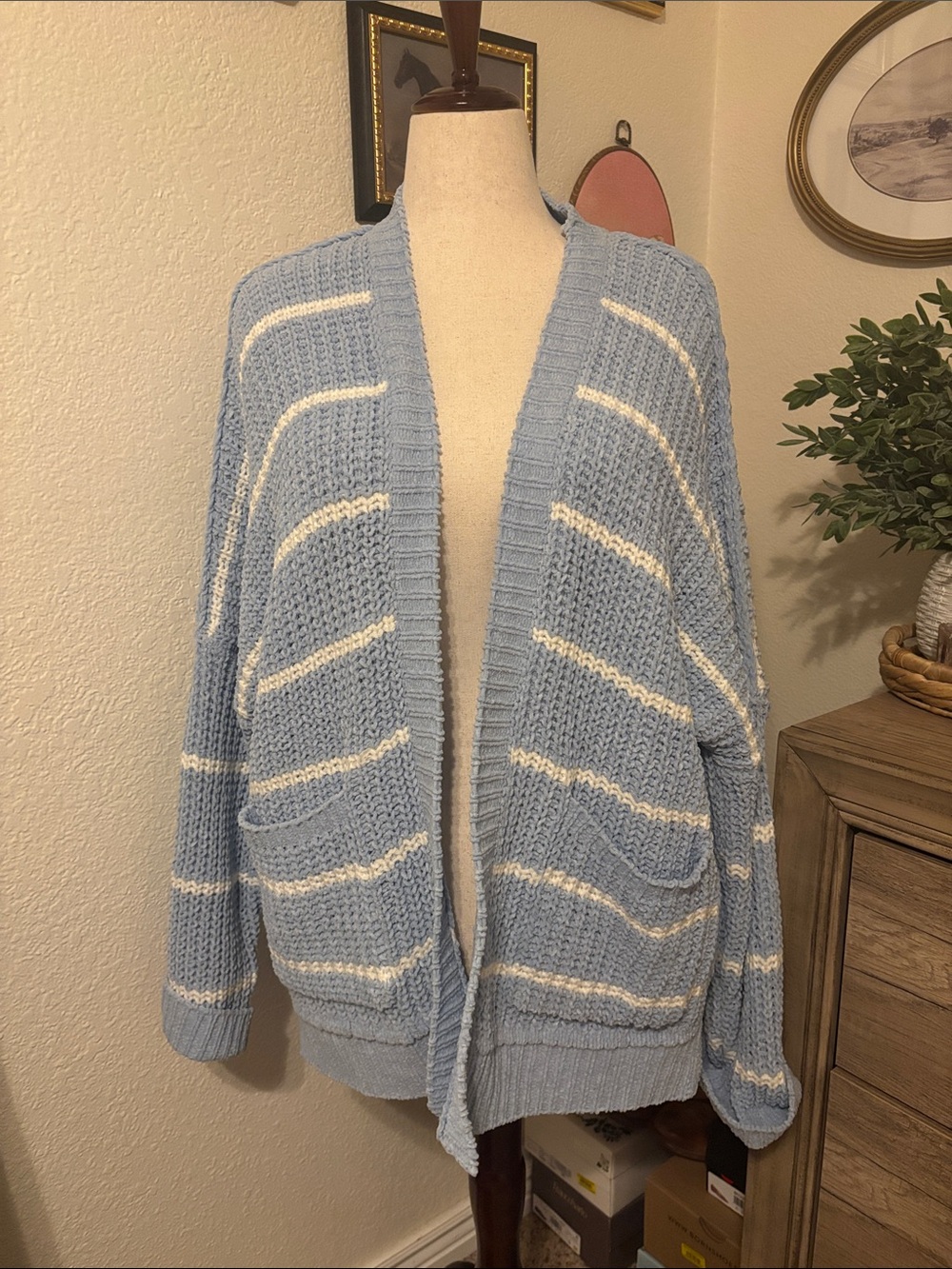 Miracle Light Blue & White Striped Open-Front Sweater Cardigan-Size M/L